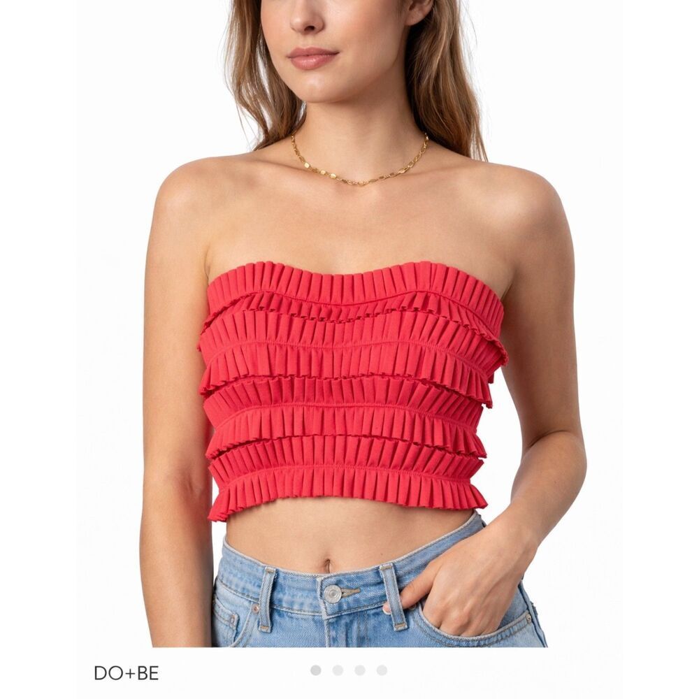 DO+BE Strapless Bandeau Top Small Coral Red Smocked Ruffle Stretch